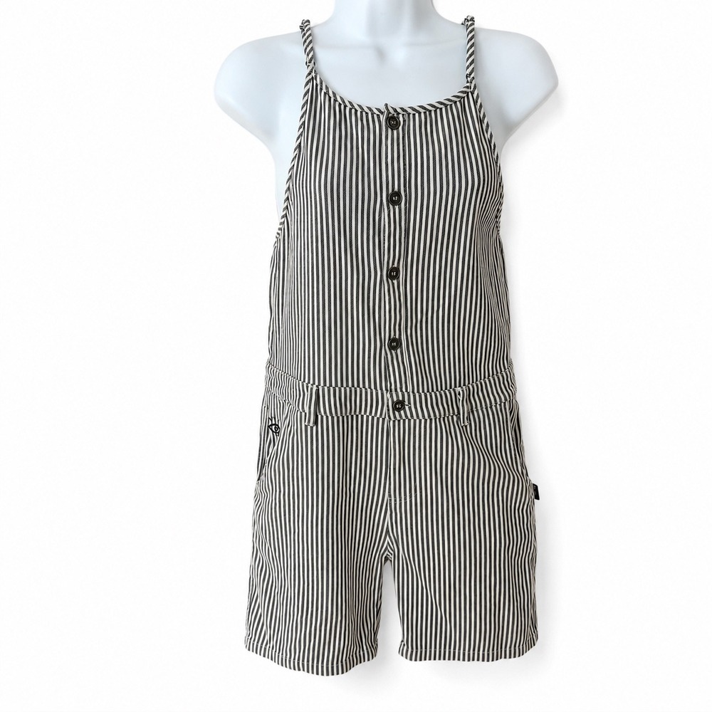 Plenty Humanwear Striped Romper Girl SZ4 Black White Button Front Overall Shorts